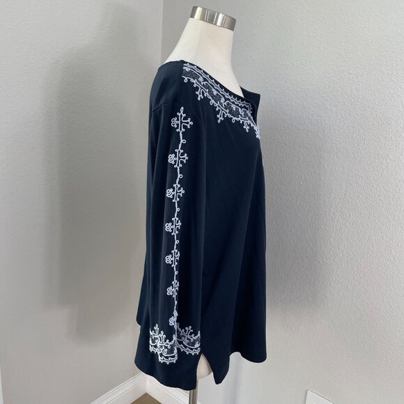 J Jill Womens Plus 2X Navy Embroidered Tunic Top Cotton Tencel Blend 3/4 Sleeve - Picture 3 of 10